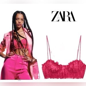 ZARA CORSETRY TEXTURED BRALETTE RUFFLE FRILL METALLIC CROP TOP FUCHSIA PINK NWOT